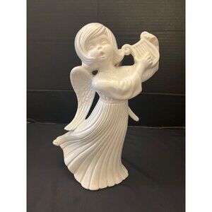 Large Bisque Angel With Harp Lyre